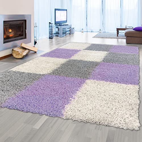 Teppich-Traum Alfombra Peluda de Pelo Alto con Diseño de Cuadros en Lila Gris Crema, 160x230cm