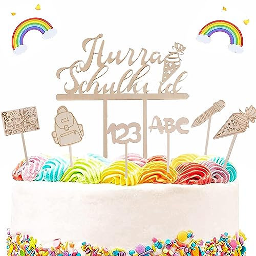 Schulkind Holz Tortendeko,7 Stück Cake Topper Hurra Schulkind,Schulanfang Tortendeko, ABC Zuckertüte 123 Kuchen Deko Personalisiert für Schulkind Schulanfang Party Dekoration