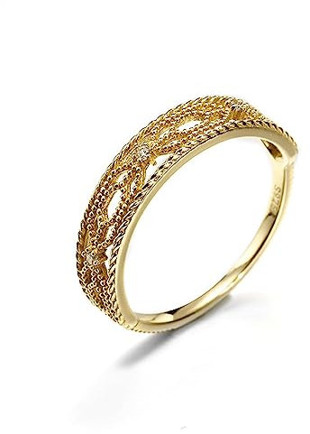 AMDXD Gold 14K Au585 Ring für Damen, Vintage Retro Hohl Verlobungsring mit Diamant Rund, Gelbgold 585 Trauringe Pärchen Ringe Echt Gold Schmuck, Gold, Gr.49