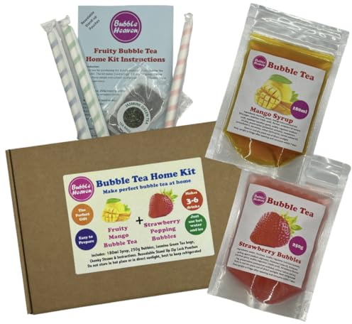 Bubble Heaven Fruity Bubble Tea with Popping Bobas Home Kit 3 to 6 Drinks (Mango & Strawberry)
