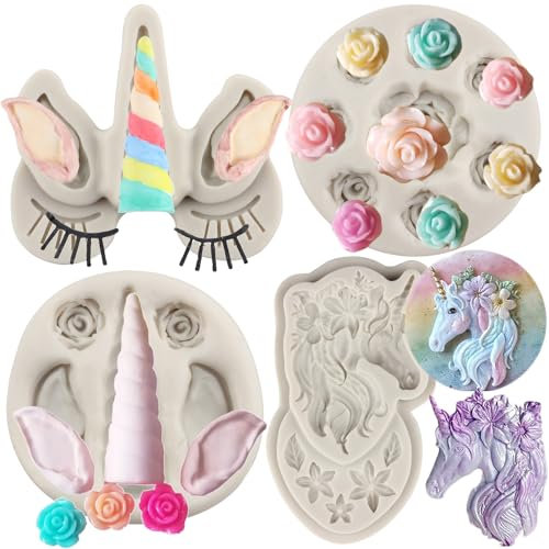 MYPRACS Set di 4 stampi in silicone a forma di unicorno a forma di rosa, per decorare torte, pasta di gomma, cupcake, caramelle, cioccolato, argilla polimerica