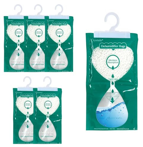 Crystals 6 Pack Wardrobe Dehumidifier Hanging Bags, Moisture Absorber with Moisture Storage Leak Proof Bag + Hanging Hook, Damp Condensation Traps for Wardrobe, Closet, Bookcase – 250g Each (6)