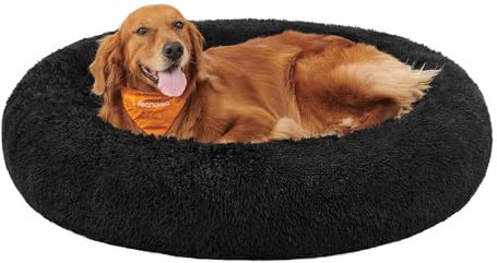 Feandrea Hundebett flauschig, Katzenbett, Donut Kissen, waschbar, Polsterung in der Mitte herausnehmbar, Langer Plüsch, 120 cm Durchmesser, tintenschwarz PGW043B01