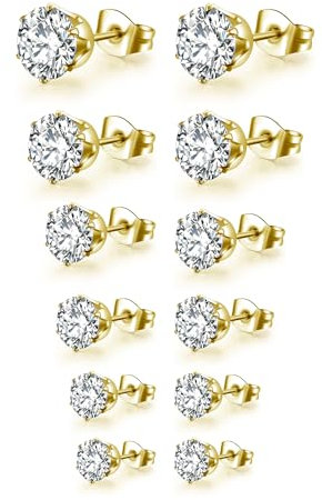 Mochity 6 Paare Ohrstecker Ohrringe Gold, Schläfer Knorpel Ohrstecker, Hypoallergen Ohrringe Set Für Damen Herren, Ohrstecker Edelstahl Damen, 14K Vergoldete Ohrringe (B, Gold)