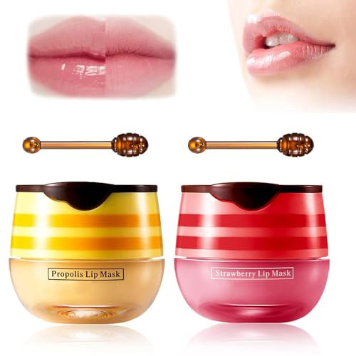2 Stück Bee Balm Lippenbalsam, Erdbeer-Bienenlippenbalsam, Feuchtigkeitsspendende Lippenmaske für Tag & Nacht Lippenpflege, Aufhellung der dunklen Lippenfarbe, Reduzierung von Lippenlinien & Falten