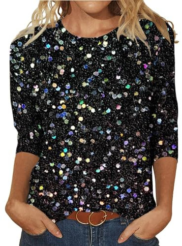 Maglia da donna con paillettes a maniche lunghe, rossa, con paillettes, a tre maniche, scollo rotondo, top alla moda, top con brillantini, top da donna, per feste, a maniche lunghe, Lilla, XXL