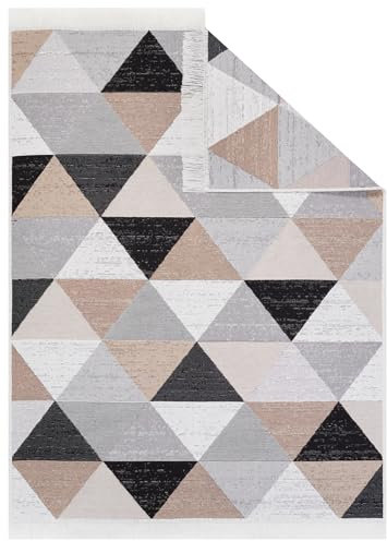 TAPISO Azteca Teppich Kurzflor Baumwolle Waschbar Beidseitig Anwendbar Beige Creme Grau Schwarz Dreiecke Wohnzimmer Schlafzimmer Fransenteppich ÖKOTEX 80 x 300 cm