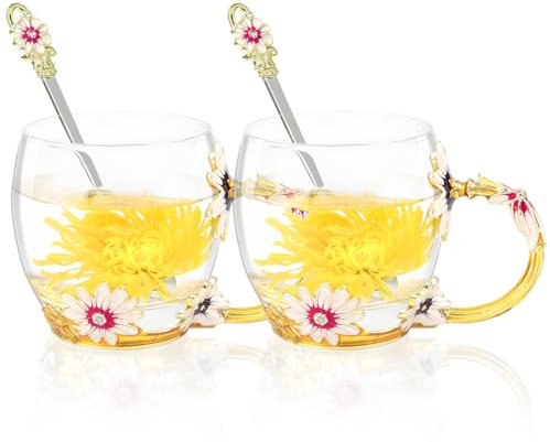 KAMEUN 2 Pcs Flower Tea Cup Set, Enamel Glass Coffee Mugs, Coffee Glass Cups with Spoon, Flower Mug for Birthday Christmas Gifts Wife Mum Friends Teacher Valentines Mothers Day