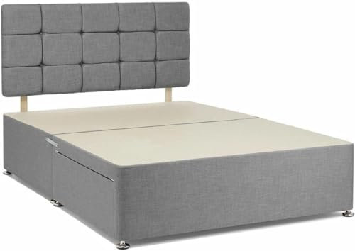 BEDS PLANET King Size Bed Frame, Grey Chenille Fabric Divan Bed Frame with 20 Inches High Cube Headboard, Bed Base with 2 Storage Drawers (5FT King)