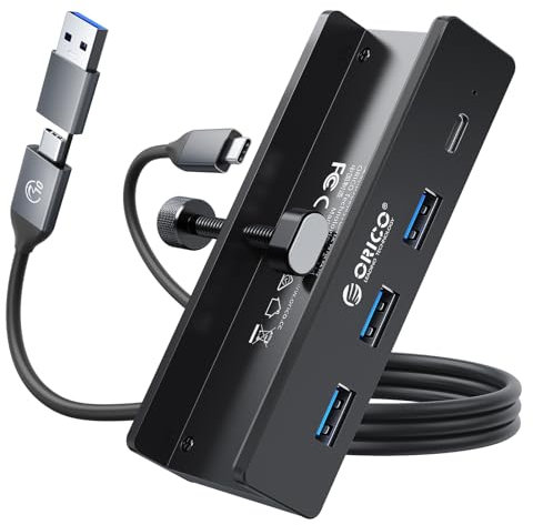 ORICO USB Hub 3.0, Clamp USB Hub with Extra Power Supply Port, Aluminum 4-Port USB Adapter with 3 USB-A Data Ports, USB-C Port for Monitors, Desks (Black)