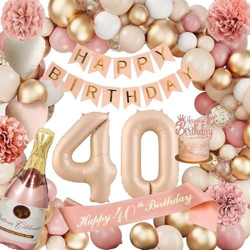 Deko 40 Geburtstag Frauen, Geburtstagsdeko 40, Zahlen Luftballon 40. Geburtstag, 40 Retro Rosa Ballon Girlande mit Girlande Geburtstag, Champagner Ballon, Seidenpapier Pompons für Frauen Party Deko