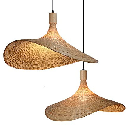 WgGUIF 2Packs Hand Woven Straw Hat Lampshade Creative Personality Bamboo Chandelier Natural Wicker Pendant Lamp Retro Industrial Lighting Pendant Light For Interior Decoration Ceiling Suspended Ligh