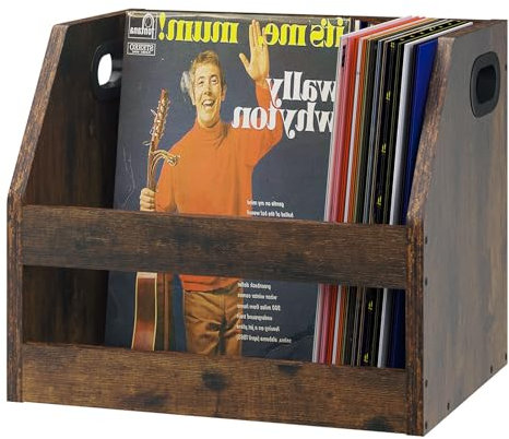 YMYNY Supporto di Immagazzinaggio di Dischi in Legno, Scatola di Album in Vinile Con Maniglia, Scaffale del Desktop Organizer Record per Cartelle, Fotografici, Marrone Rustico, 38×29×29CM, HCD001H