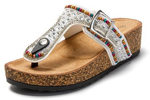 JOMIX Flip Flops Damen Sommer Pantoletten Keil Sandalen mit Kork Fußbett Elegant Bunte Zehentrenner Weiche Strass Meer Strand Badelatschen Slides (Weiß, 38 EU)