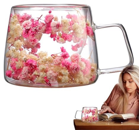 Taza transparente con flores, taza de café de flores - Taza de café de flores de 200 ml tazas de café de primavera - Vasos de flores secas con asa, tazas creativas de flores con aislamiento de