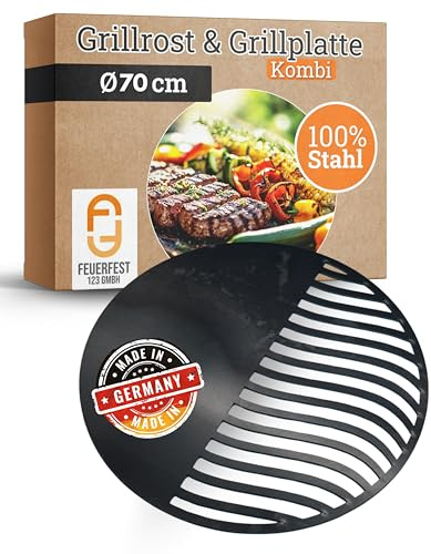 Feuerfest 123 Kombi Grillrost & Grillplatte I Ø 70cm I Hochwertiges Grillgitter aus Stahl I Massive Grillplatte mit 4mm Stärke I Gitterrost aus Handarbeit I Ideal für Gas-, Kohle- & Kugelgrill