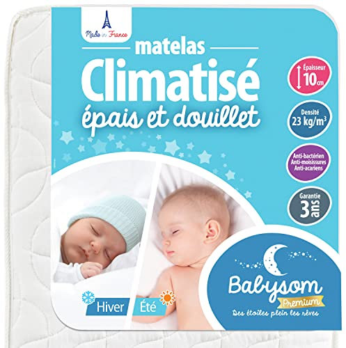 Babysom - Matelas Bébé / Enfant Climatisé pour Lit Cabane - 80x160 cm | Réversible : 1 Face Été et 1 Face Hiver | Anti-acarien | Épaisseur 10 cm | Fabrication française