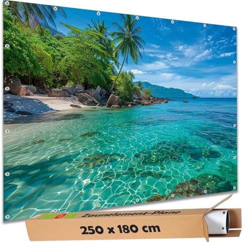 TRIOSK Sichtschutz Garten Deko Zaun Plane Blickdicht groß mit Zaunblende Motiv Malediven Strand Rocky Beach für Zaunelement Doppelstabmatten Stabmattenzaun Gartenzaun PVC 250x180 cm