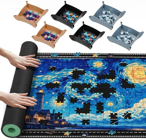 Lwoeo Jigsaw Puzzle Mat Roll Up, Black Rubber 53.5” x 34.6” Smooth Top Saver Pad Up to 3000 Pieces,Large Puzzle Matt Rollup with 6 Sorting Trays & 1 Storage Bag for Sorting Table, Board, Frame Mats