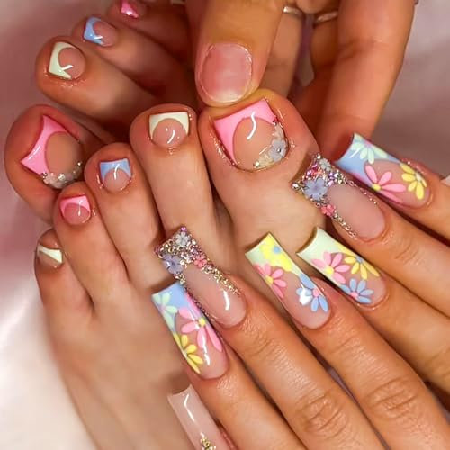LunarCharm Lot de 48 faux ongles longs carrés roses à coller sur les orteils