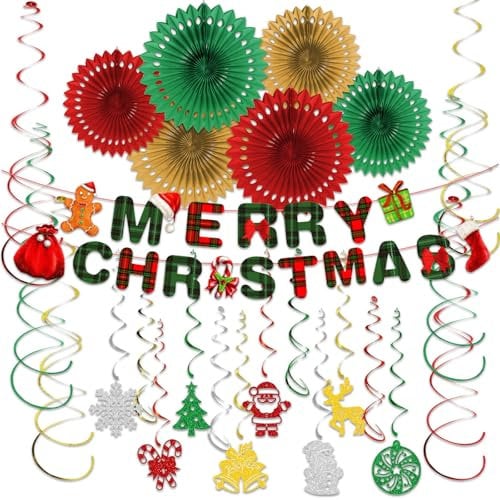 GWAWG Reusable Paper Christmas Decorations,Ceiling Christmas Decorations, Merry Christmas Banners,Christmas Decoration Set,Hanging Foil Swirl Honeycomb Christmas Decor for Indoor Outdoor Xmas Supplies