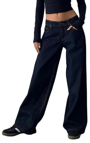 Fiacafyo Womens Y2K Low Rise Baggy Jeans Straight Wide Leg Boyfriend Trousers Casual Loose Fit Denim Pants Streetwear (D-Dark Blue, XL)