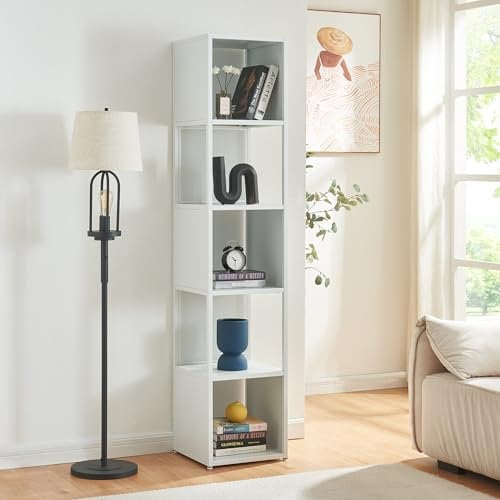 [en.casa] Bibliothèque à 5 Niveaux Étagère Autoportante avec 5 Surfaces de Rangement Meuble de Stockage Design Intemporel pour Salon Bureau Chambre Acier Laqué 185 x 38 x 38 cm Blanc