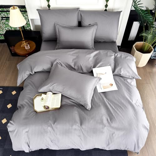 Amolavet Hotel Bettwäsche 200x200 Baumwolle Grau 3teilig Set Bettwäsche 200x200 Mako Satin Baumwolle Damast Streifen Grau mit Reißverschluss für Ganzjährig