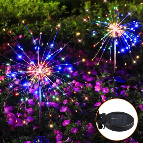 Solar Feuerwerk Lichter Außen, 2x 200 LED 8 Modi Warmweiß Gartenlichter Solarleuchten, LED Feuerwerk Für Außen Garten, Mehrfarbig Wetterfest DIY Landschaftslicht Für Außen Wege Patio Rasen Fest Deko
