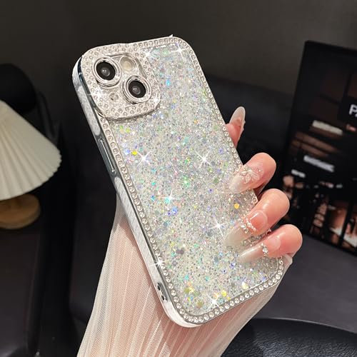 FABSPARK Case for iPhone 11,Glitter Crystal Diamond Rhinestones Sequin Shiny Bling Sparkly Glossy Luxury Electroplated Case,Aesthetic Cute Full Protection for iPhone 11,Silver