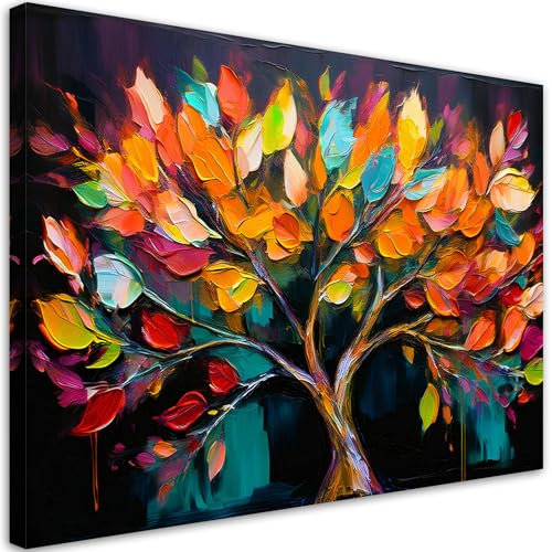 Feeby Bilder - Foto Geschenk - Bunte Baum Gemalte Blätter - 120x80 cm XXL 1tlg - Leinwandbilder Wohnzimmer - Wandbild über dem Bett - Bild Schlafzimmer - Aesthetic Zimmer Deko - Modern Pictures