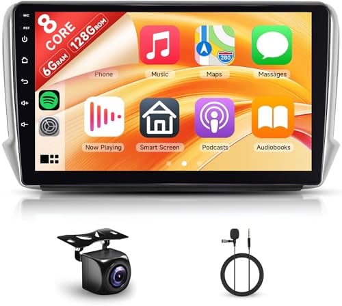 8 Kerne 6+128G Android Autoradio für Peugeot 2008 208 2012-2018 10.1 Zoll Kabellos Carplay Radio mit Touchscreen Android Auto Mirror Link Bluetooth FM/RDS/EQ/DSP WiFi GPS Navi Rückfahrkamera