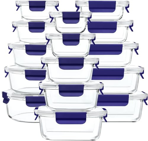 Meal Prep - Set di contenitori in vetro con coperchio, per microonde, congelatore e lavastoviglie, 15 pezzi, colore: blu