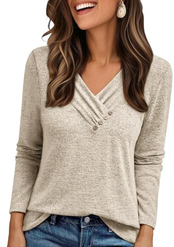 Cuptacc Jumpers for Women UK Fall Winter Warm V Neck Decorative Button Long Sleeve Tops Ladies Loose Casual Soild Elrgant Thick Jumper Khaki M