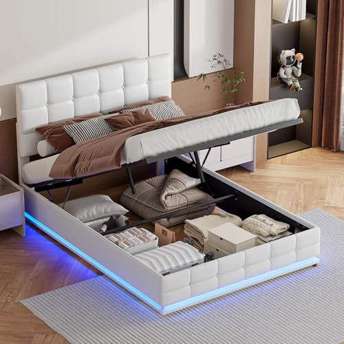 Hydraulisch Bett 140X200 mit LED, Polsterbett Doppelbett mit Stauraum, Jugendbett für Schlafzimmer & Gästezimmer, Boxspringbett mit Höhenverstellbares Kopfteil, Weiß, Kunstleder, Ohne Matratze.