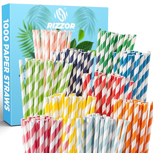 1000 cannucce di carta colorate, 100% biodegradabili ed ecologiche, alternativa alla plastica, cannucce robuste, non sporche ideali per cocktail, latte, eventi e feste.