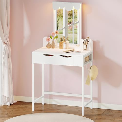 Schminktisch mit Beleuchtung,Stoffschubladen Frisiertisch mit Spiegel Schubladen Einstellbarer Helligkeit,Schminktische mit Türen, Make up Tisch mit Schmuckablage Verstellbaren Ablagen,Holzfarbe