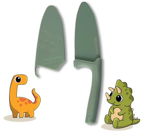 Fackelmann Kinderkochmesser Dino mit Klingenschutz – Hochwertige Edelstahlklinge mit abgerundeter Spitze, Antihaftbeschichtung, ergonomischer Griff, inkl. Klingenschutz in Dino-Optik
