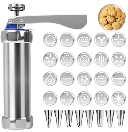 YNNHUDEEP Gebäckpresse,Teigpresse,Gebäckspritze mit 20 Schablonen und 8 Edelstahl Tüllen,tortenspritze DIY Backzubehör - Spritzgebäck Presse,Teigspritze,Plätzchen Gebäckfüller,Cookie Press für Küche