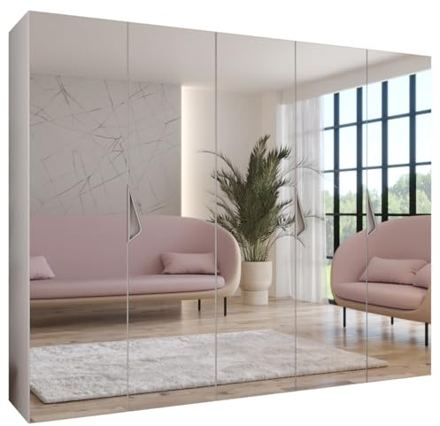 MEBLE KRYSPOL - Kleiderschrank - Garderobenschrank - 250 cm x 202 x 52 cm - Schrank mit Kleiderstange und Spiegel, 5 Türen - für Schlafzimmer, Flur - SANDI, Weiß, Griff Kaschmir