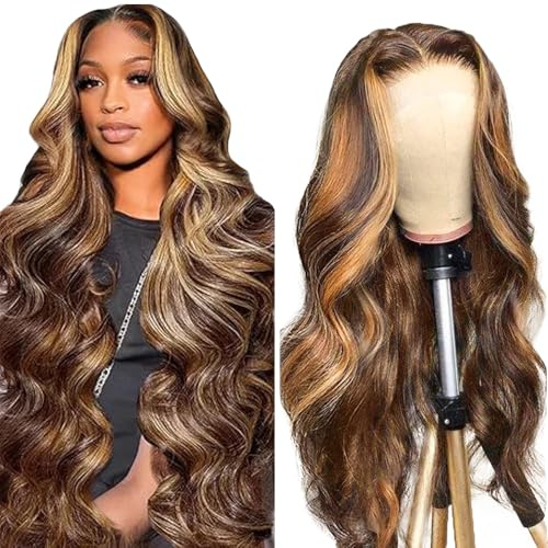 Hxxcoup Echthaar Perücke Damen Human Hair Wig Lace Front Wig 5x5 Transparent Lace P427 Highlight Blond Body Wave for Women Glueless Wear and Go Minimal Smell Low Shedding 14 Zoll
