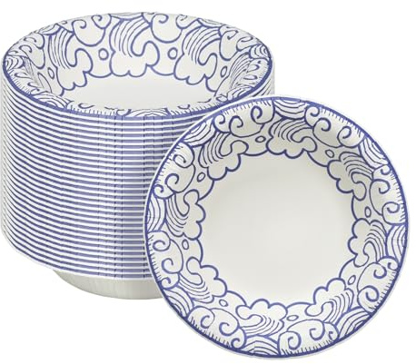 Paper Bowls 16 oz (470 ml), 30 Pack Salad Bowls, Heavy Duty Disposable | Bowls with Blue Porcelain Pattern, Microwave Safe and Leak Resistant for Salads, Pasta, BBQs, Picnics and Garden Parties