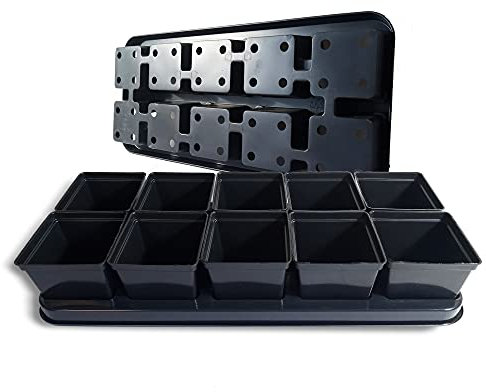 Elixir Gardens Square Plant Pot Black Plastic Plant Pots with Carry Trays | 11cm x 11cm x 12cm | 50 Pots + 5 Carry Trays