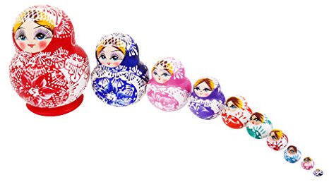 Reihe von 10 russischen Puppen Matroschkas aus Holz bemalt – Vielfarbig