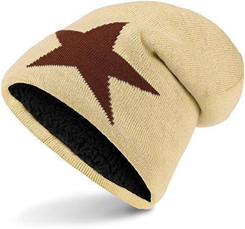 Warme Feinstrick Beanie Mütze mit Stern sehr weichem Innenfutter, Unisex (Sand (Dark Brown Star))