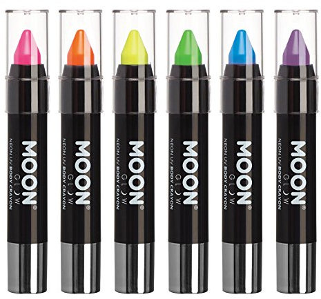 Moon Glow - Neon UV Face Paint Stick / Body Crayon makeup for the Face & Body - Pastel set of 6 colours - Glows brightly under UV lighting