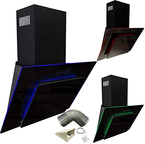 SIA AGE61BL 60cm Black Glass Angled Kitchen Cooker Hood Chimney Extractor Fan With Red Blue & Green LED Edge Lit Mood Lighting & 3m Ducting Kit