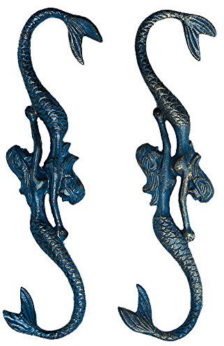 Sungmor Gusseisen Handarbeiten Elegant Mermaid S Hook | 2er Pack, 11,6 Zoll, Ozeanblau | Vintage Style dekorative Metall Haken | Gartenpflanze Kleiderbügel Ausgezeichnete Wohnkultur-Anwendung