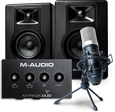 M-Audio Recording, Streaming and Podcasting Bundle – M-Track Duo USB Audio Interface, BX4 Stereo Speakers and Marantz MPM-1000 Condenser