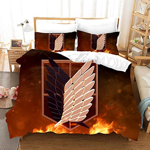 PTNQAZ Anime New Attack on Titan Bettwäsche-Set für Jungen, 3D-gedruckte Bettbezüge mit Kissenbezügen, Kinder-Bettwäsche (Einzelbett)